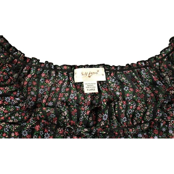Womens Black Floral Top Elastic Bottom Blousy Light & Breezy size XL  JH1092 - Picture 3 of 3